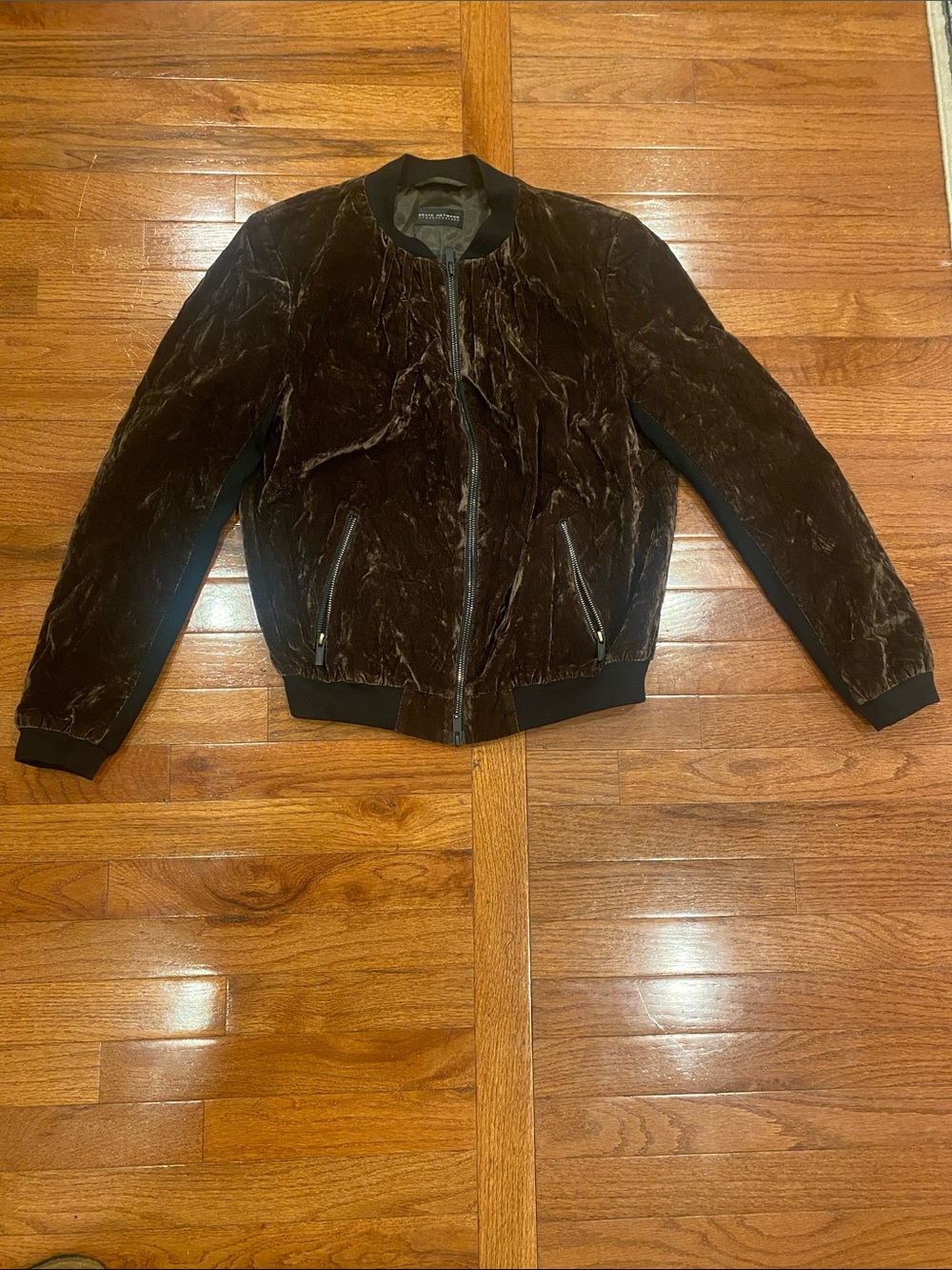 Women's Crushed Velvet Bomber Jacket in Dark Brown